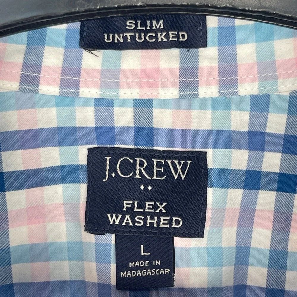J.Crew Flex Washed Slim UNTUCKED‎ Mens L Button Down Shirt Blue Pink Plaid AR505